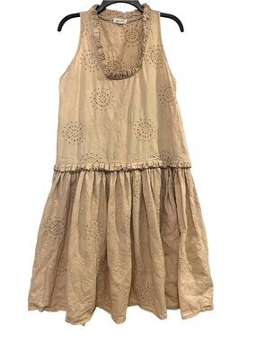 Krista Larson Khaki Tan Eyelet Ruffle-Trim Sleeveless Dress